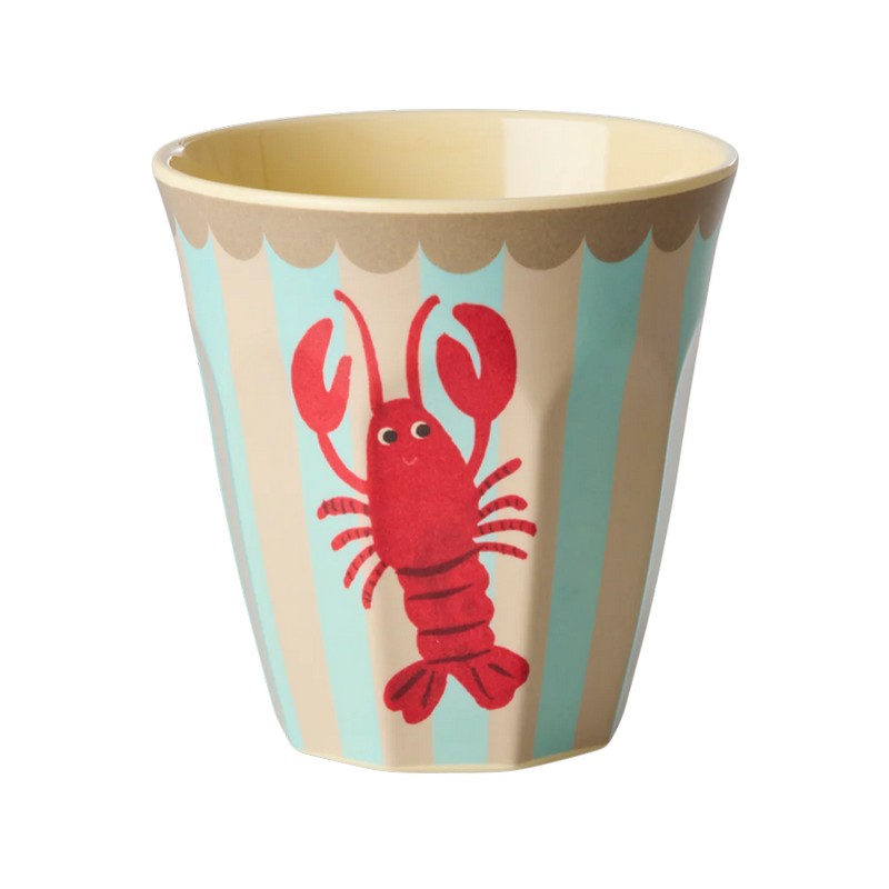 Bicchiere acqua in melamina decorato con aragosta e righe beige e azzurre